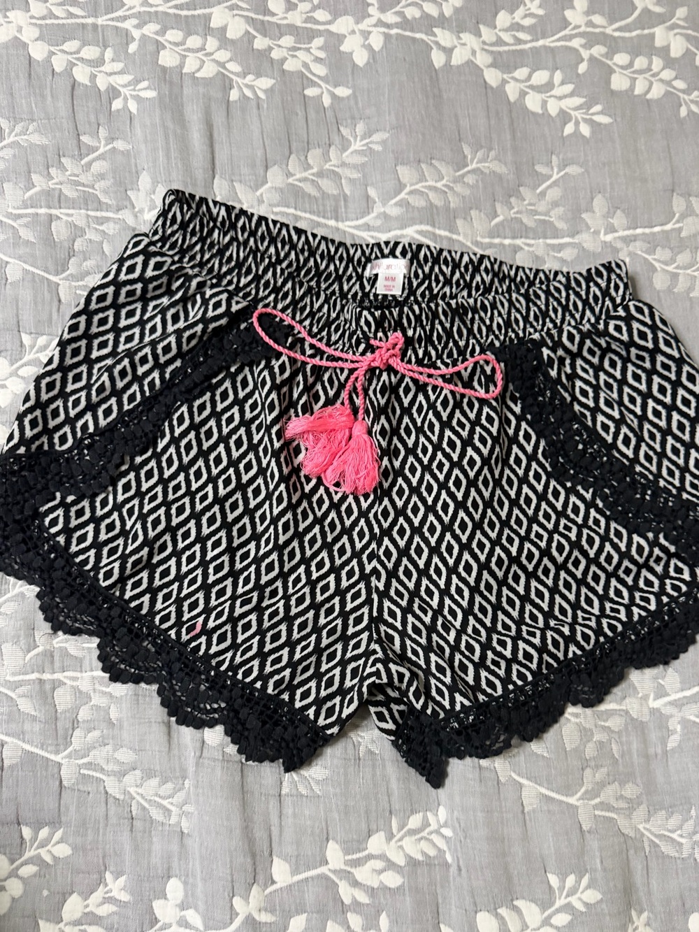 Xhilaration Black & White Diamond Print Lounge Shorts with Pink Tassel